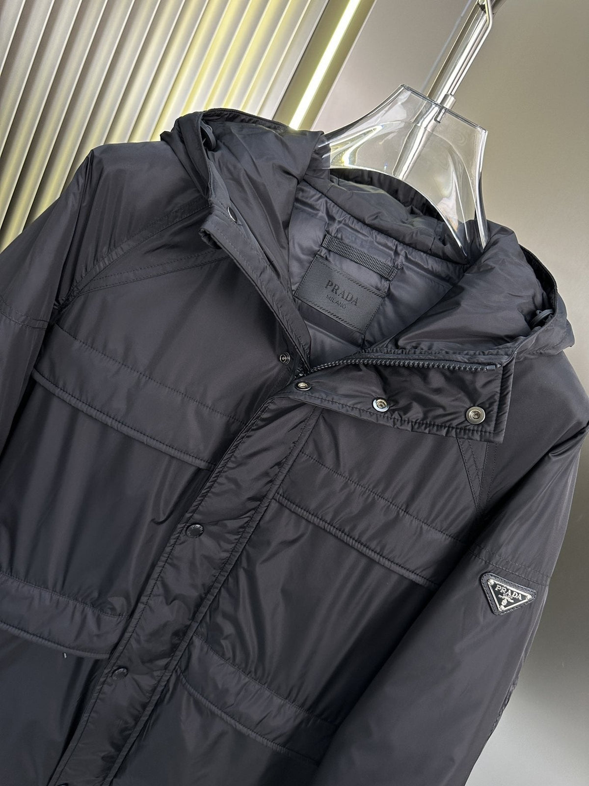 Prada Black Hooded Quilted Puffer Jacket — detail