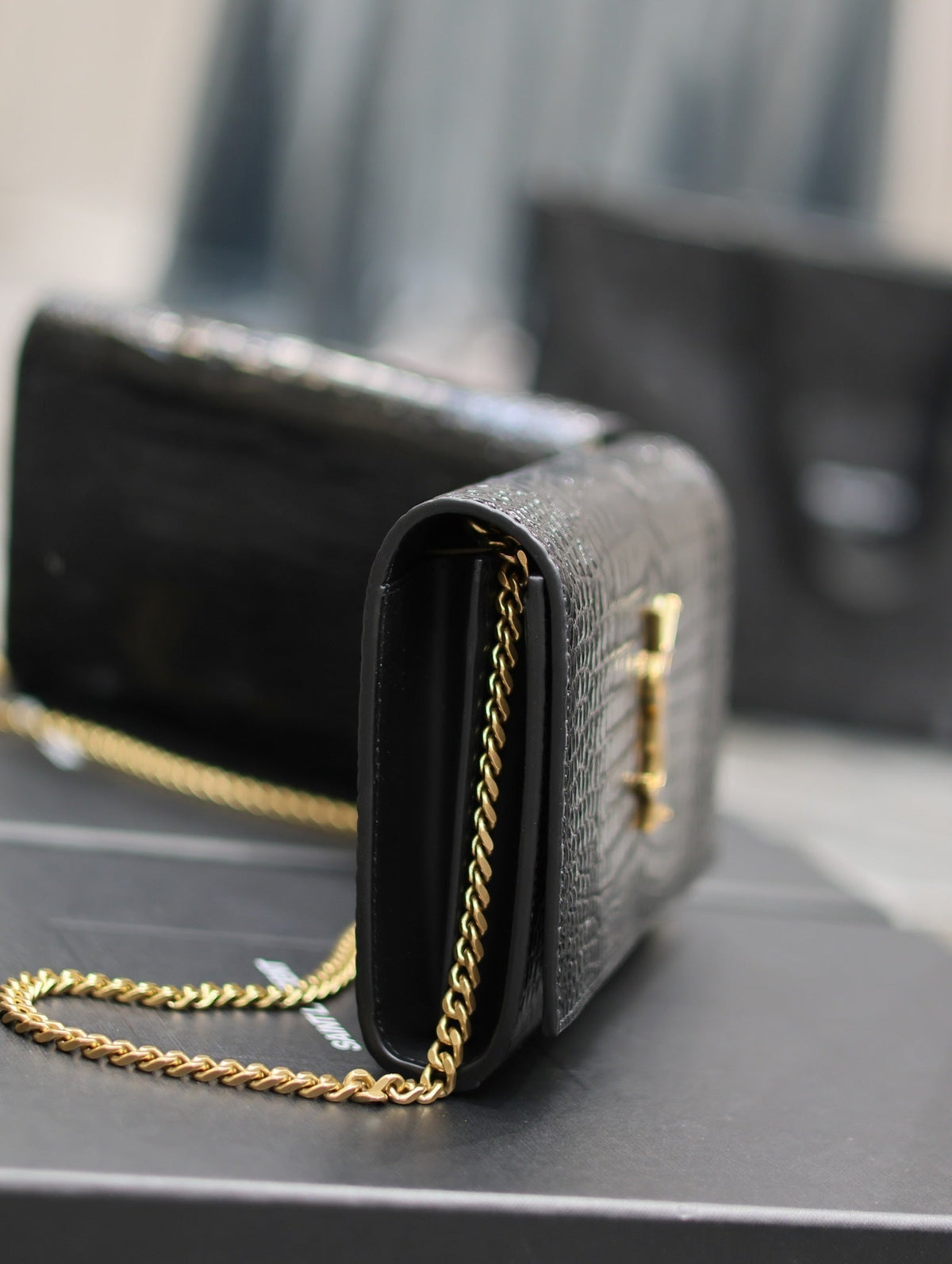 YSL Kate Croc Embossed Black Gold Hardware Shoulder Bag