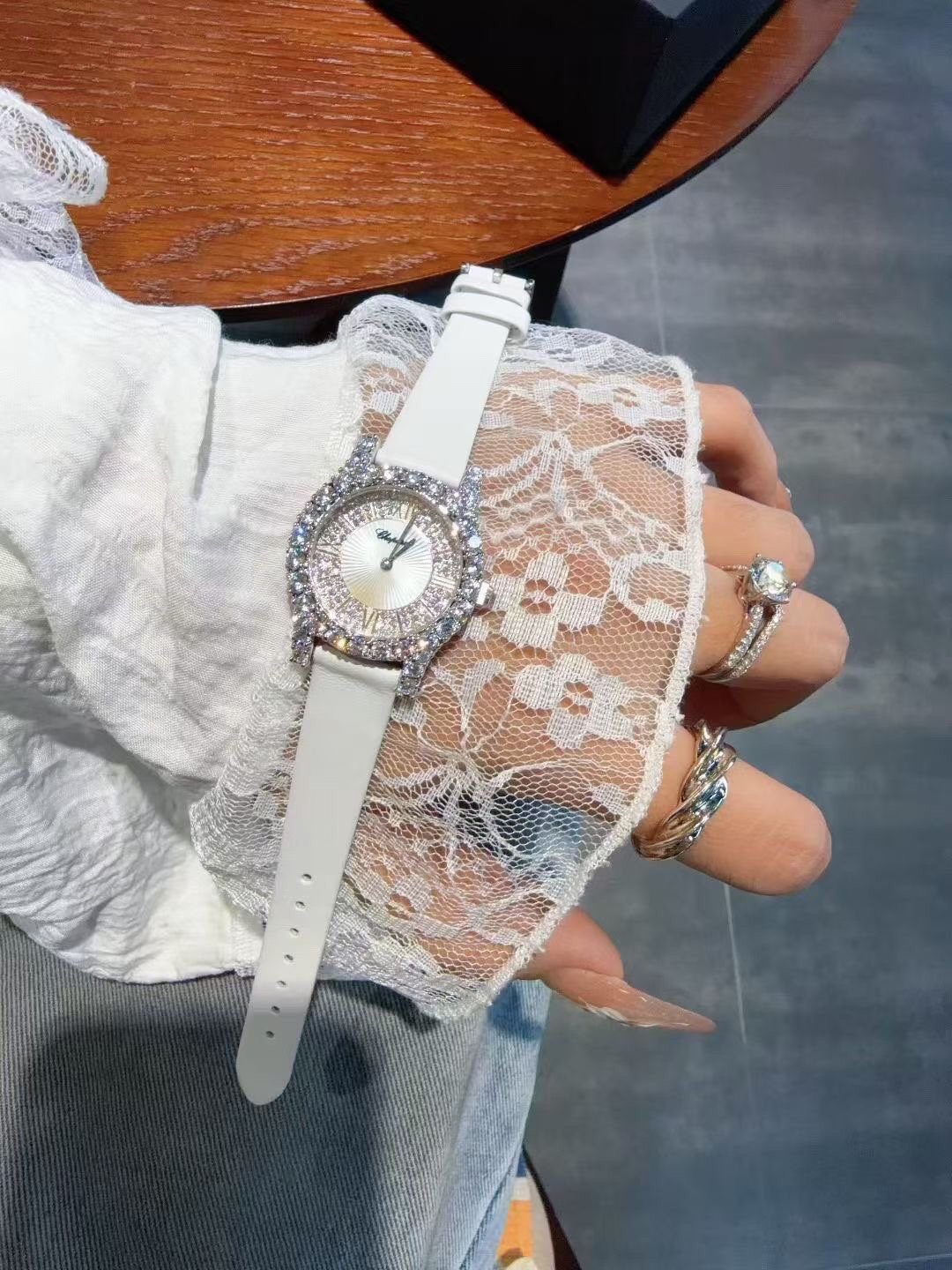 Chopard White Strap Stone-Set Oval Watch — model
