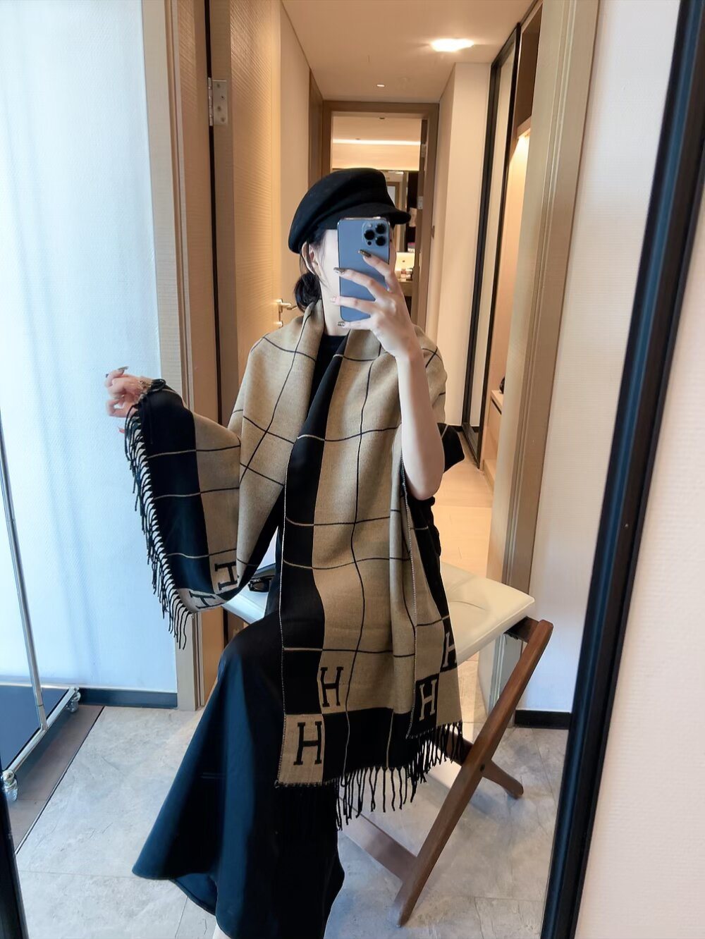 Hermès Light Beige and Black Grid Fringed Scarf — model