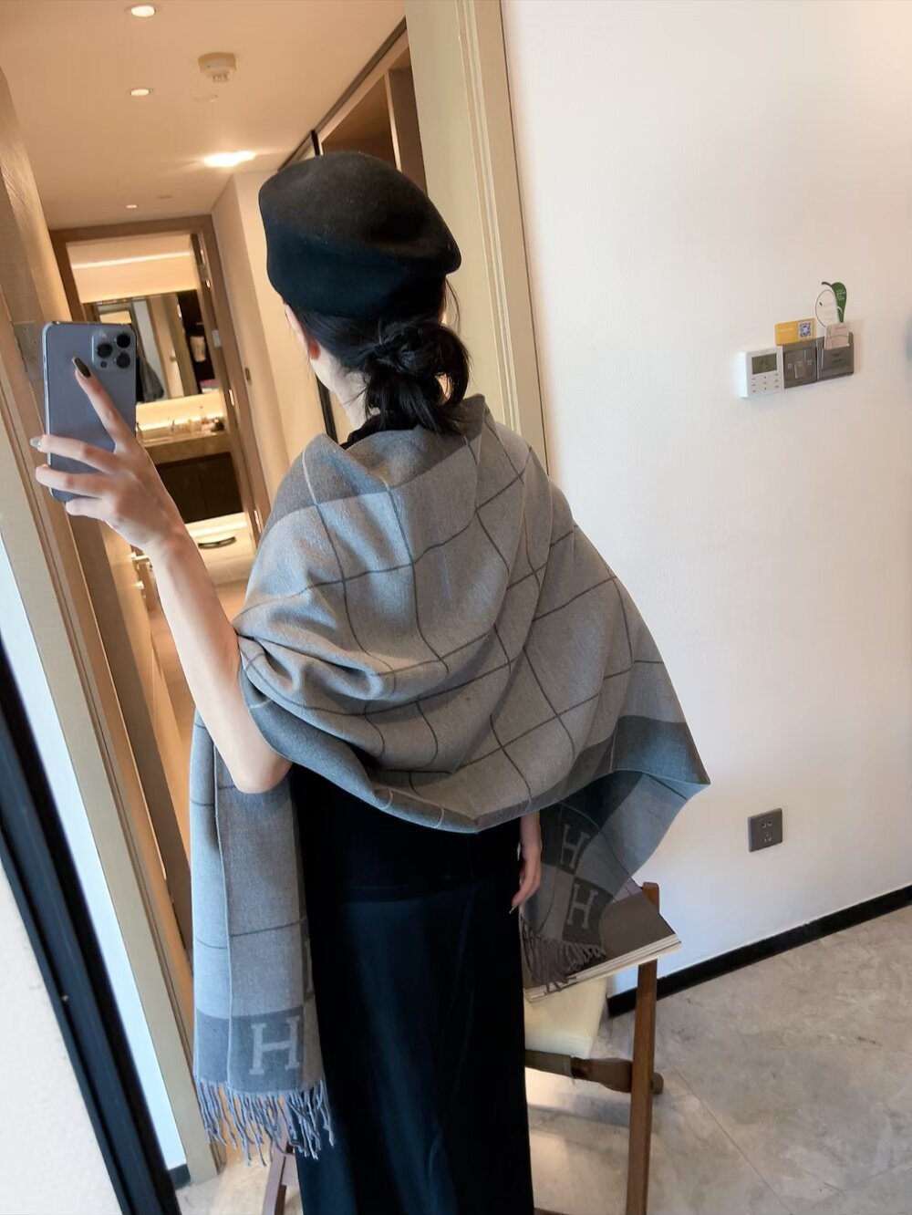 Fringed Grid Motif Scarf — model